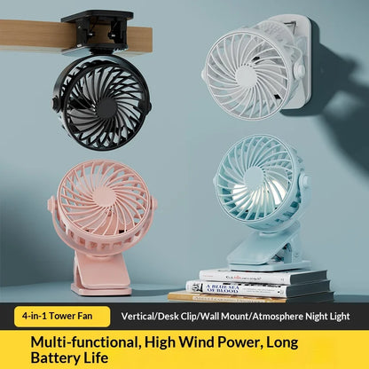 HOMEFISH Portable Rechargeable Clip Fan 720° Rotatable Hanging Fan with Night Light Air Cooler for Outdoor Camping Ventilador