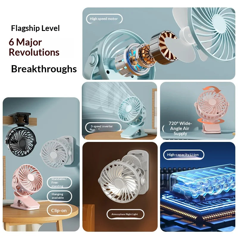 HOMEFISH Portable Rechargeable Clip Fan 720° Rotatable Hanging Fan with Night Light Air Cooler for Outdoor Camping Ventilador