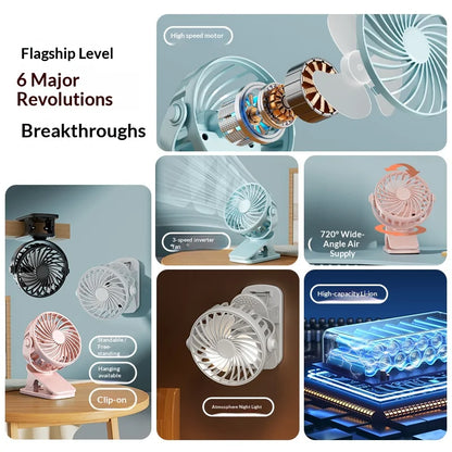HOMEFISH Portable Rechargeable Clip Fan 720° Rotatable Hanging Fan with Night Light Air Cooler for Outdoor Camping Ventilador