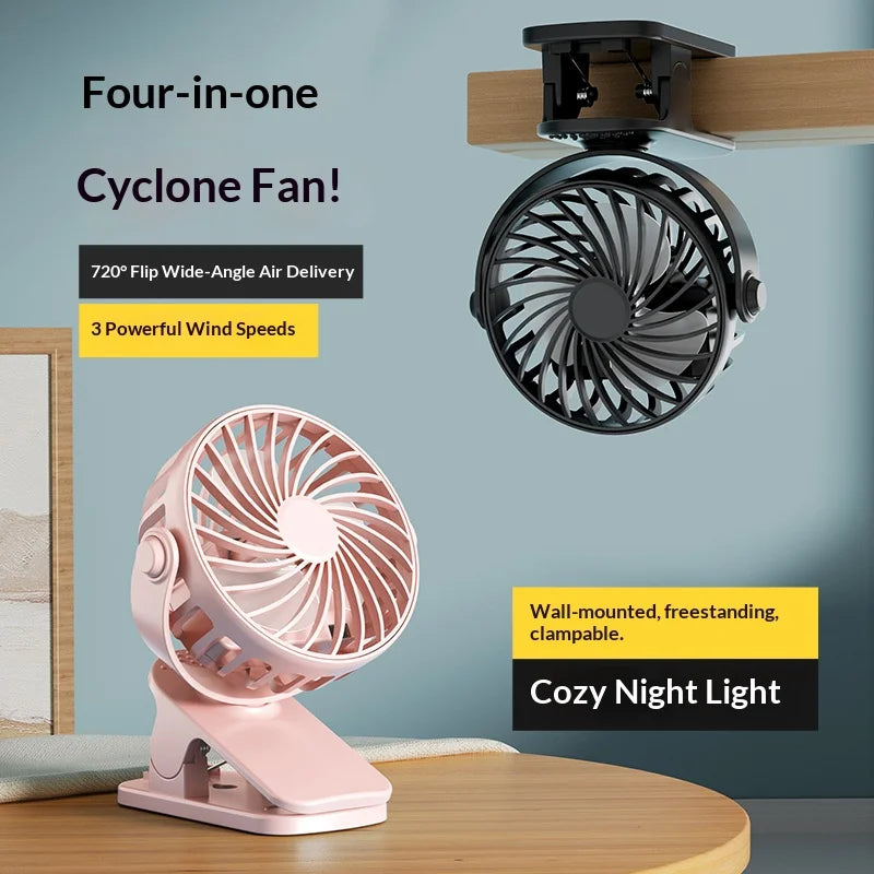 HOMEFISH Portable Rechargeable Clip Fan 720° Rotatable Hanging Fan with Night Light Air Cooler for Outdoor Camping Ventilador