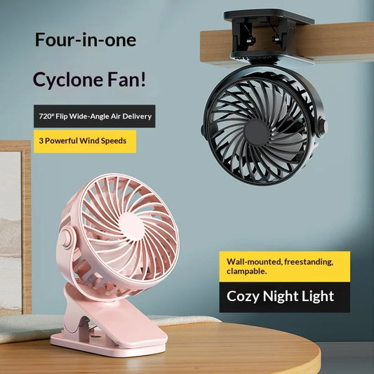 HOMEFISH Portable Rechargeable Clip Fan 720° Rotatable Hanging Fan with Night Light Air Cooler for Outdoor Camping Ventilador